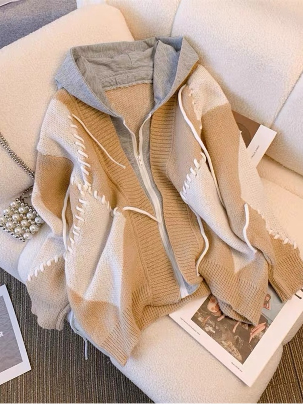 Beige & Cream Knit Hooded Zip Sweater - Oversized Cozy Layer